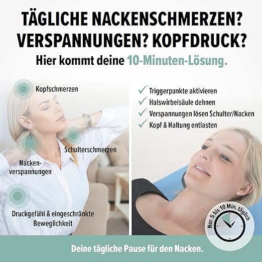 Typische Beschwerdebereiche: Kopfschmerzen, Schulterschmerzen, Nackenverspannungen und eingeschränkte Beweglichkeit